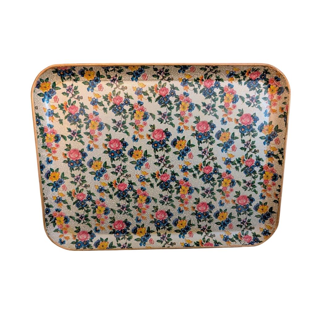 Vintage 50s Japanese Paper Mache Highmount Lacquer Floral Gilt Trim 14X10 Tray